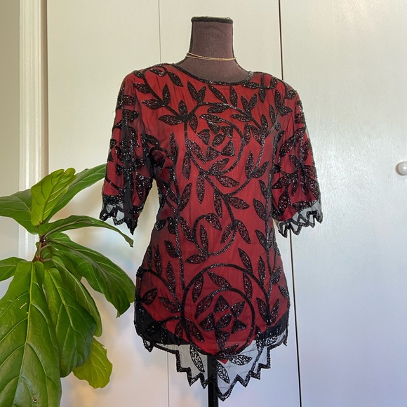 Vintage Deep Red Beaded Blouse | Silk Blouse - Picture 5 of 14